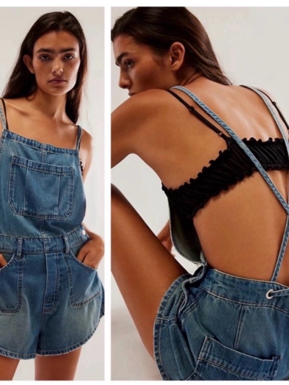We The Free Light Blue Denim Short Overalls